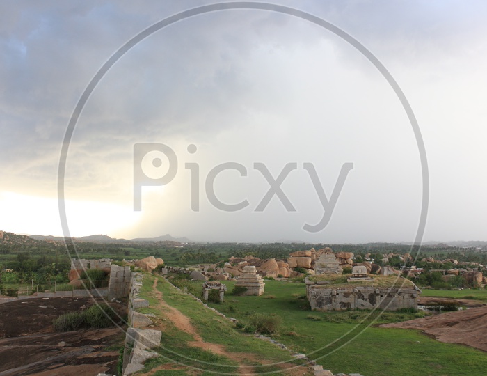 Beautiful Landscape of Hampi with huge clouds