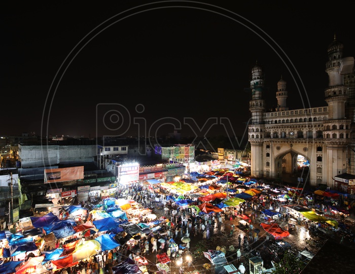 A Beautiful Aerial shot Of Charminar and The Vendor Stalls Around The Streets Of Charminar