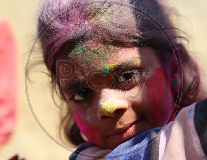 Portrait of Coloured face from Barsana holi celebrations