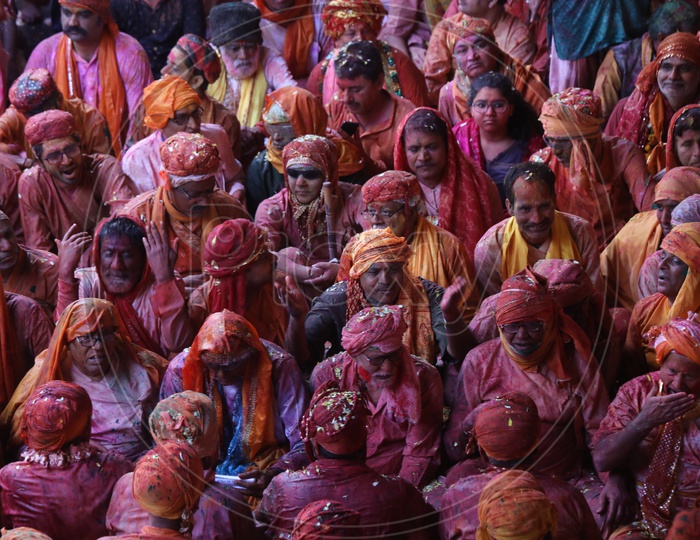People celebrating Holi in Barsana