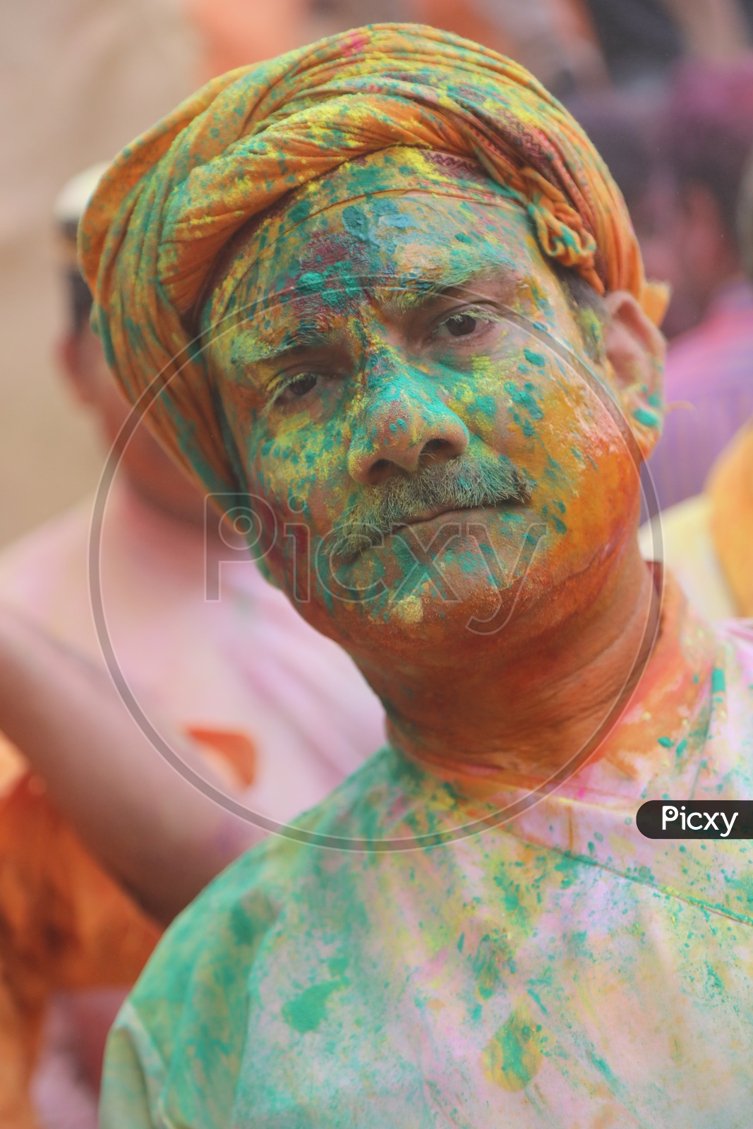 Portrait of a coloured face from Barsana holi celebrations
