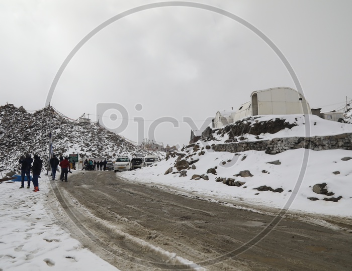 Tourists base Camps In the Snow Filled mountains In Leh