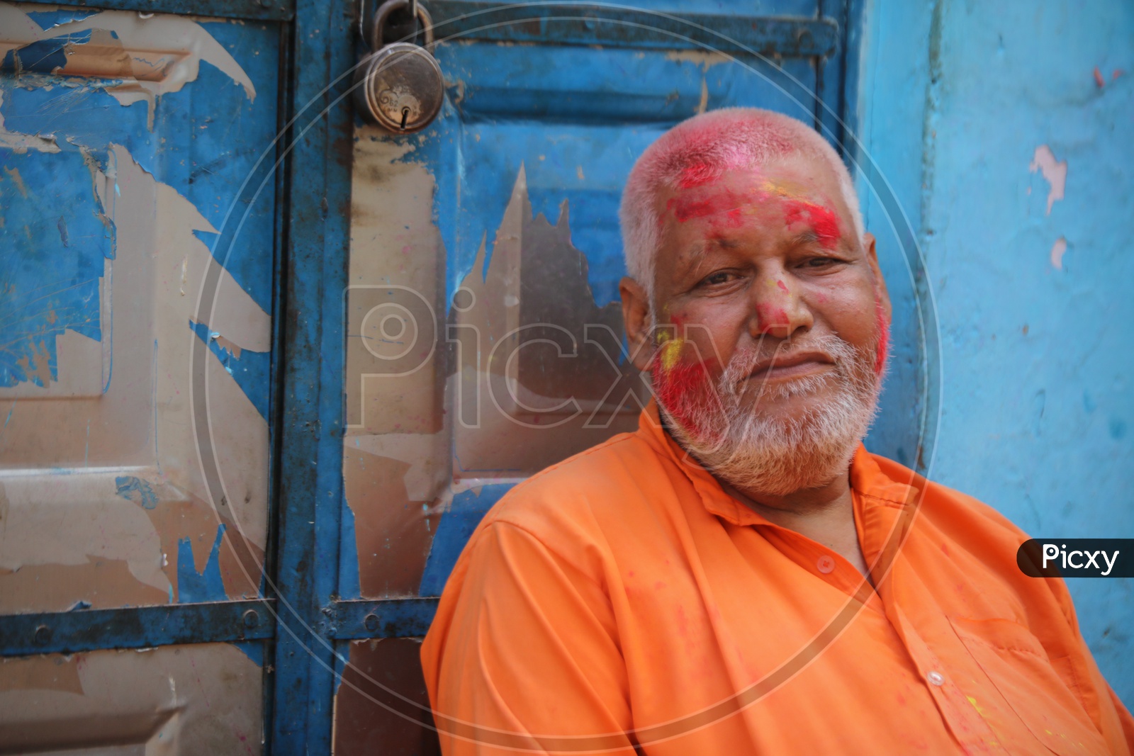 Portrait of coloured face from Barsana Holi Celebrations