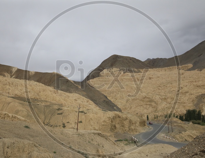 Ghat Roads In Leh With  Vehicles on roads