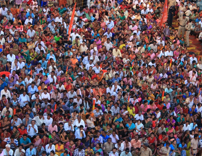 An Aerial View Of Hindu Pilgrims Watching The Holy Aarti / Harathi Of Godavari River in Rajahmundry