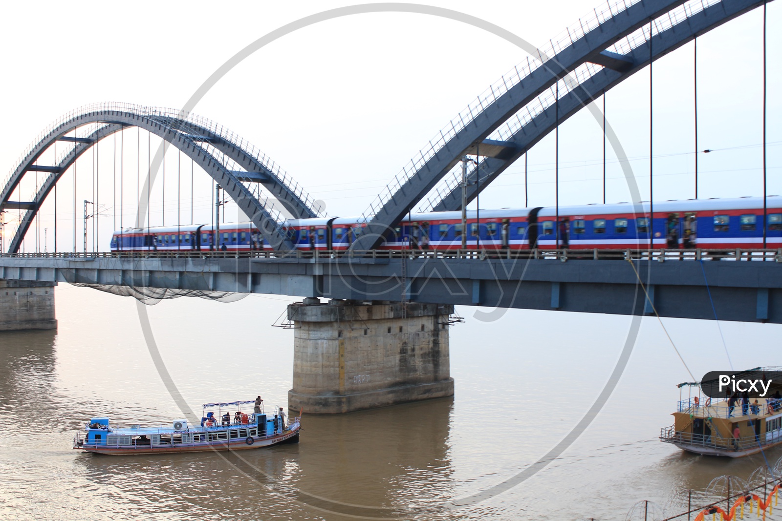 Rajahmundry bridge and Boats In the River