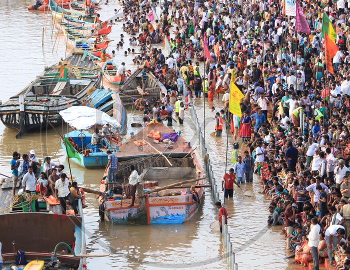 Aerial View Of Pilgrims Taking Holy Bath In Godavari River In Rajahmundry