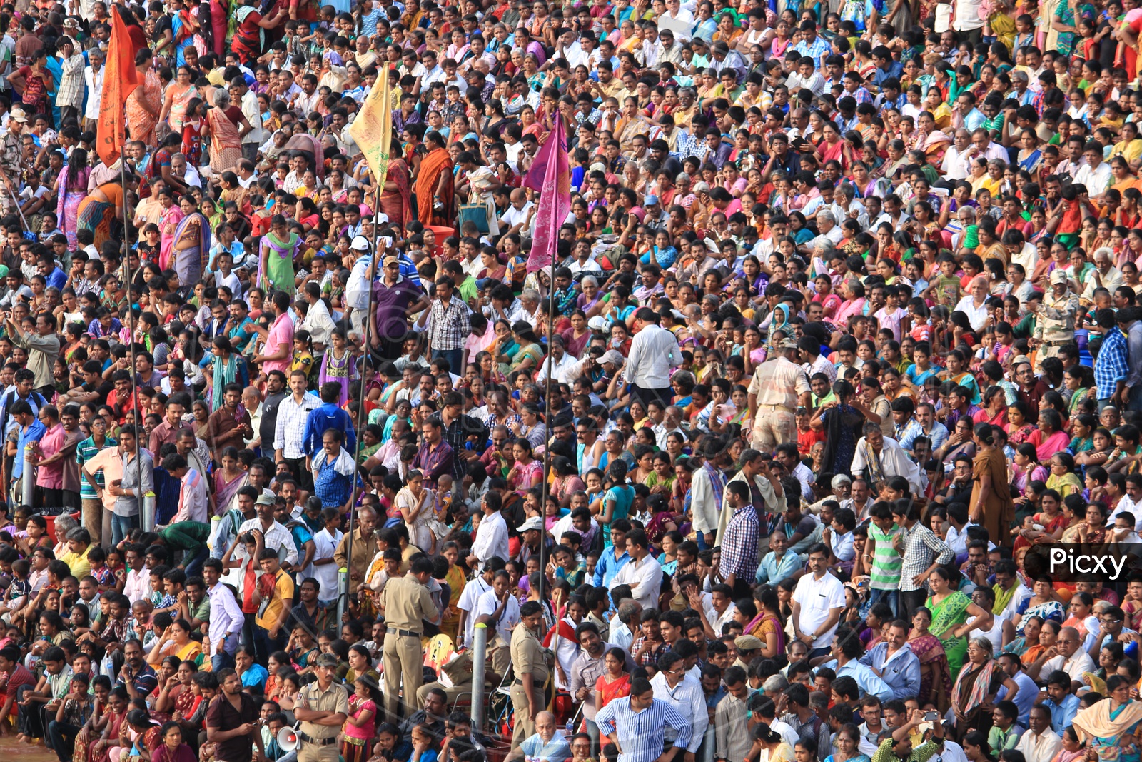 Aerial View Of Pilgrims Watching The Holy Haarathi / Aarti of Godavari river in Rajahmundry