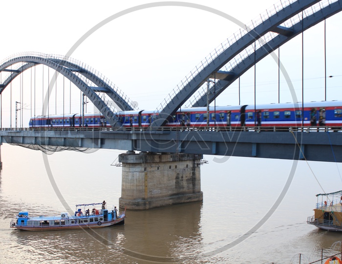 Rajahmundry bridge and Boats In the River