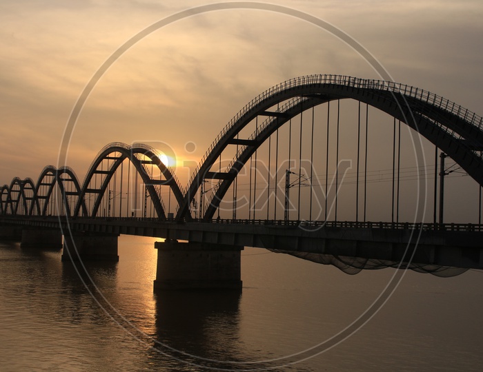 A Beautiful View Of Rajahmundry Bridge Over a Sunset