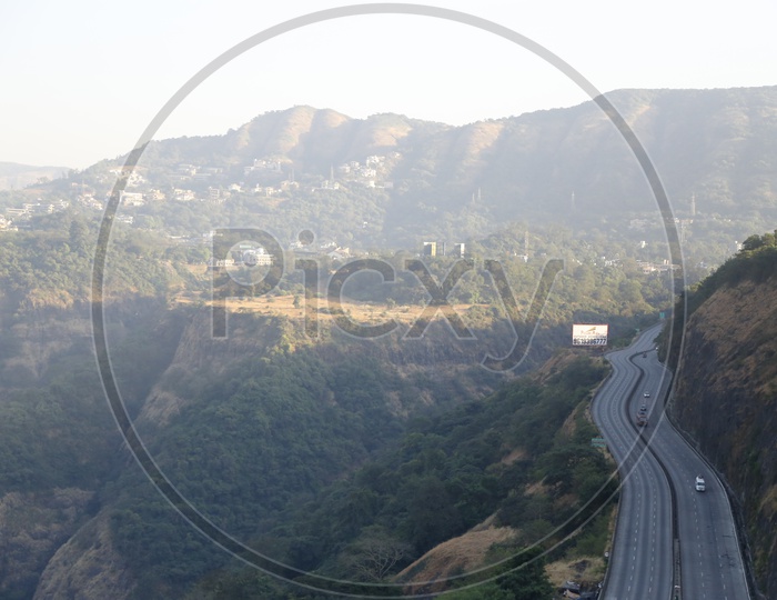 A Beautiful Aerial View Of a National Highway in Lonavala Shot From  a Hill Top
