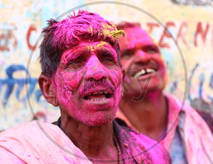 Men with Colors on face - Holi Celebrations - Indian Festival - Colors/Colorful at Nandagaon