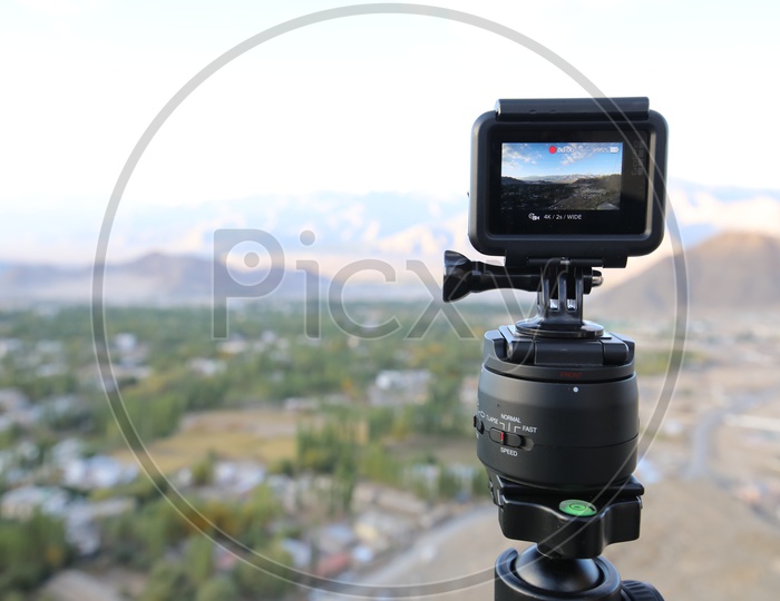 Beautiful Landscape of Snow Capped Mountains of Leh in GoPro screen