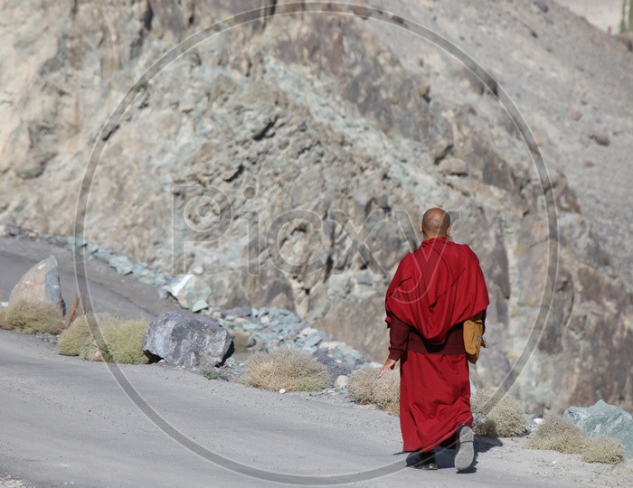 Buddhist Monks on The Roads Of Leh