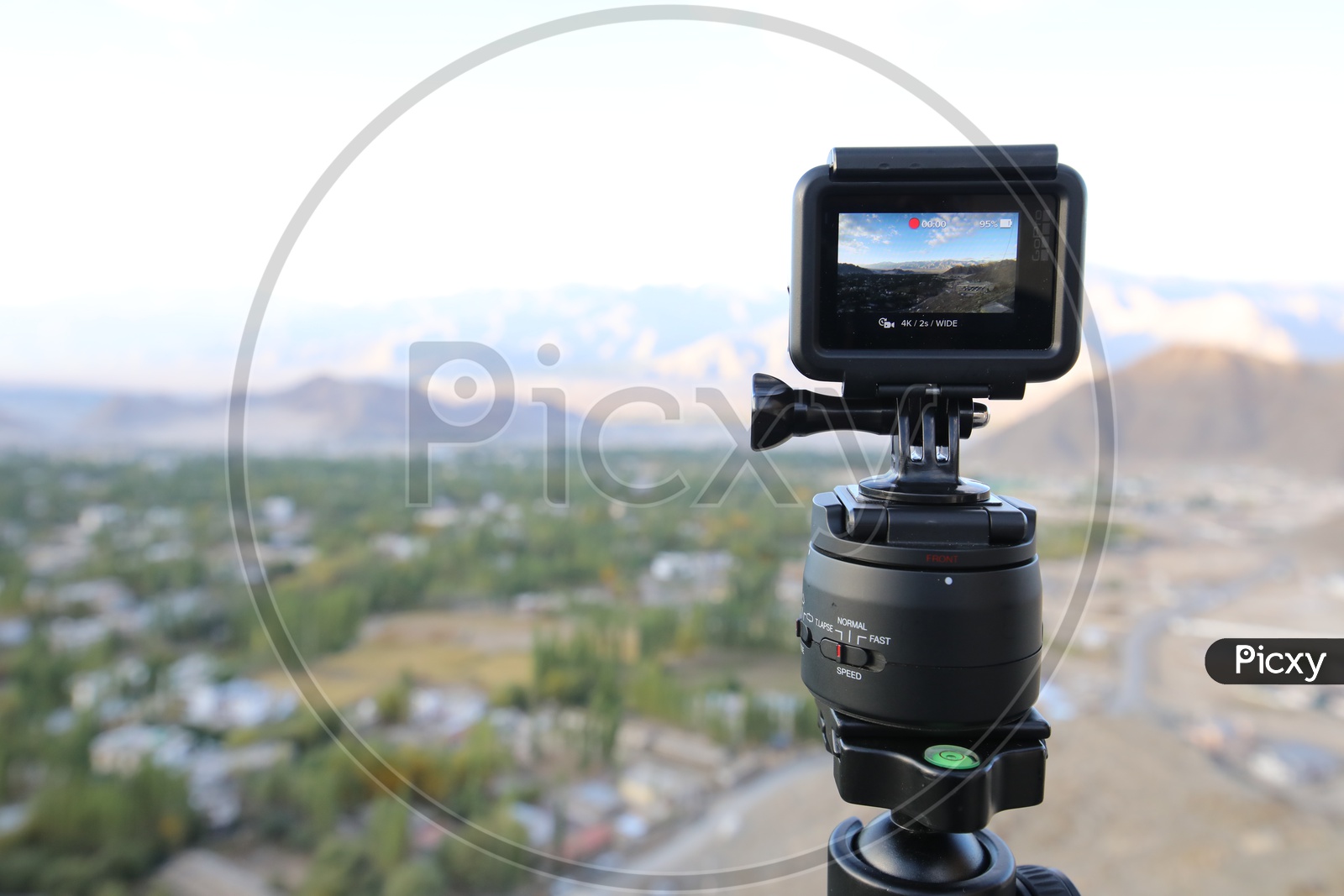 Beautiful Landscape of Snow Capped Mountains of Leh in GoPro screen