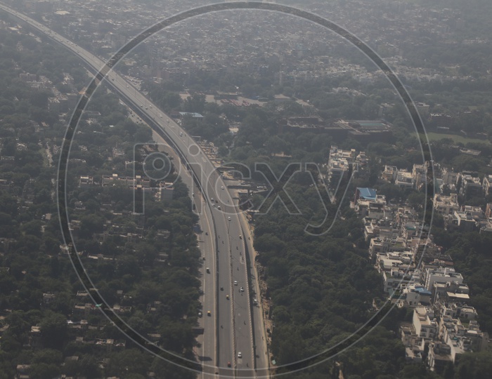 Delhi highway in Aerial View from flight window