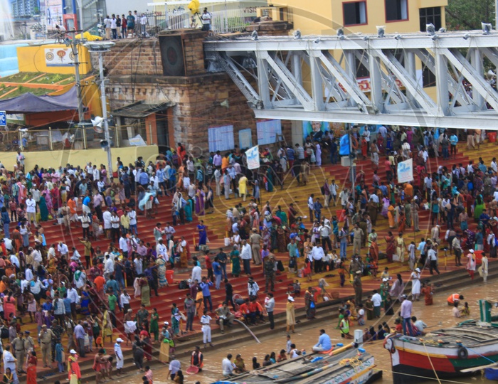 Aerial View Of Pilgrims Taking Holy Bath In River Godavari