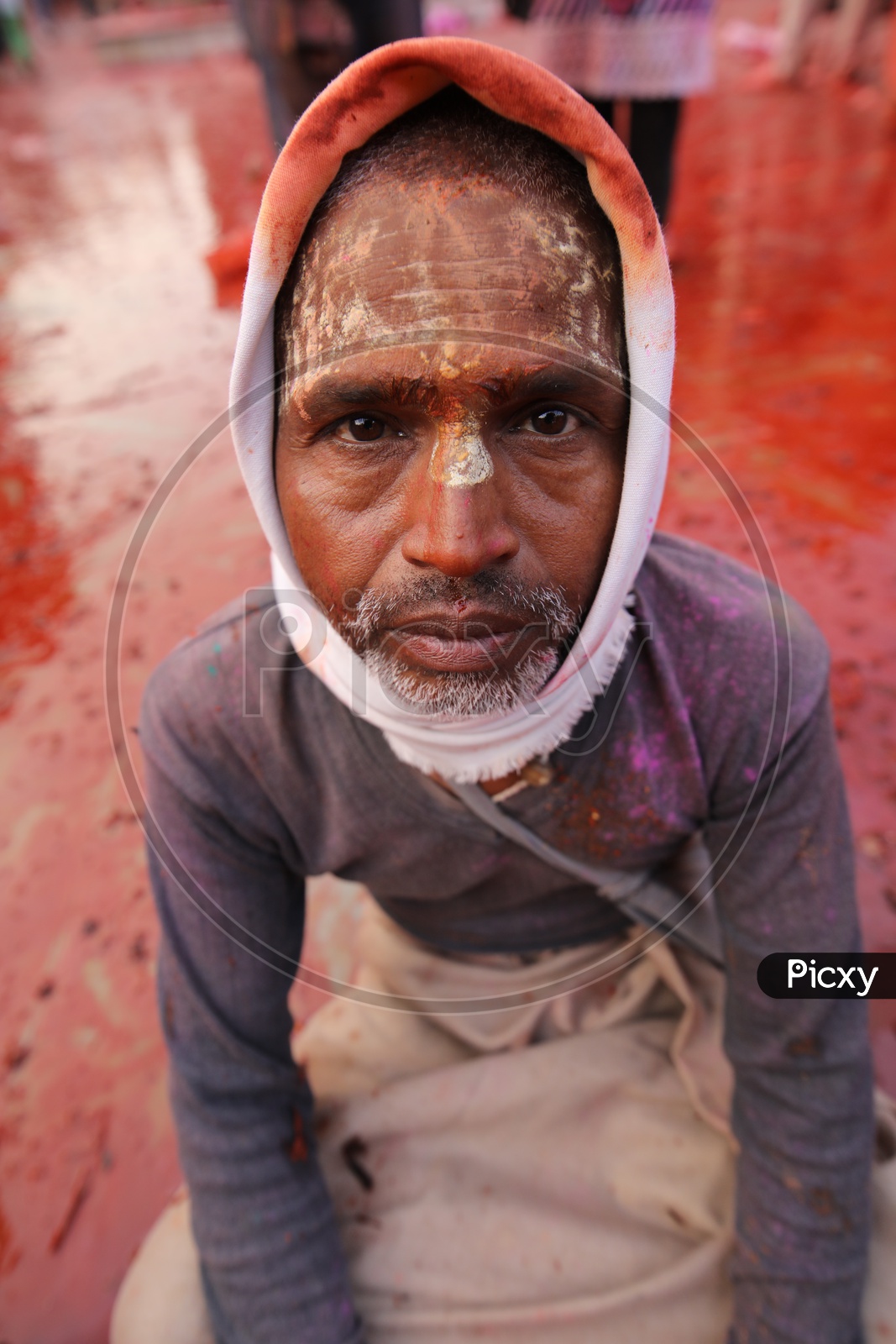 Man with Colors on his face - Holi Celebrations - Indian Festival - Colors/Colorful at Nandagaon