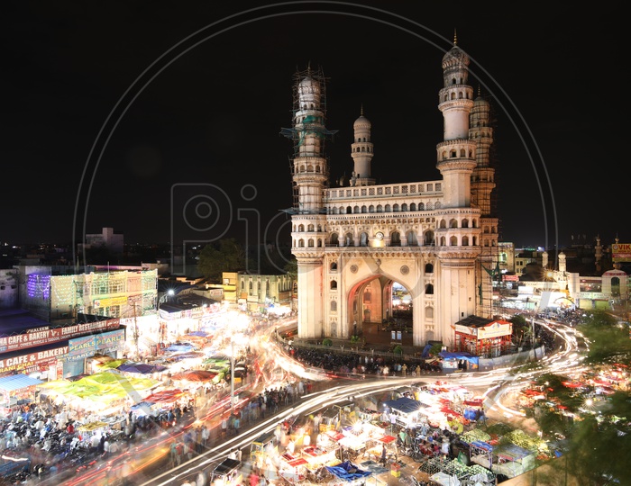 Traffic on the streets near Charminar/Indian Monument - Long exposure