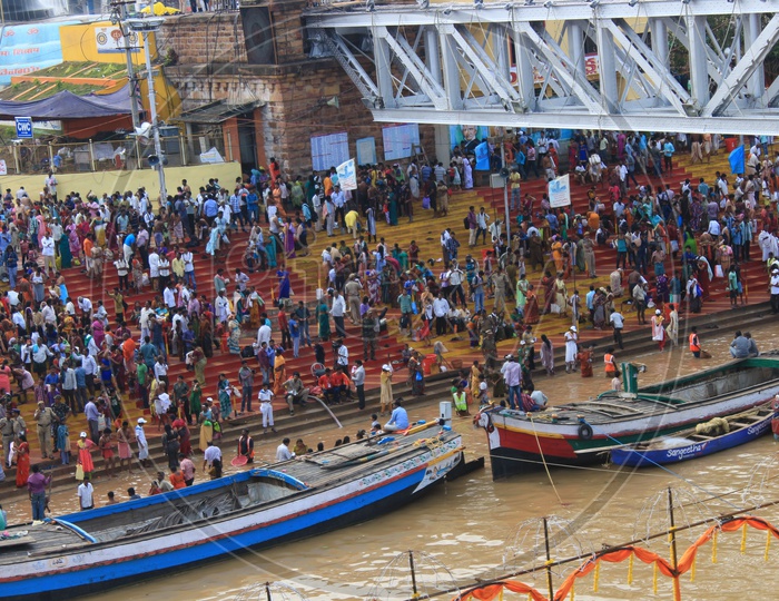 Aerial View Of Pilgrims Taking Holy Bath In River Godavari