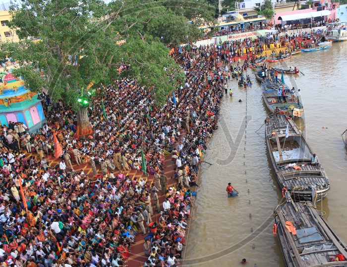 An Aerial View Of piligrims Watching the Holy Harathi / Aarti of Godavari River in Rajahmundry