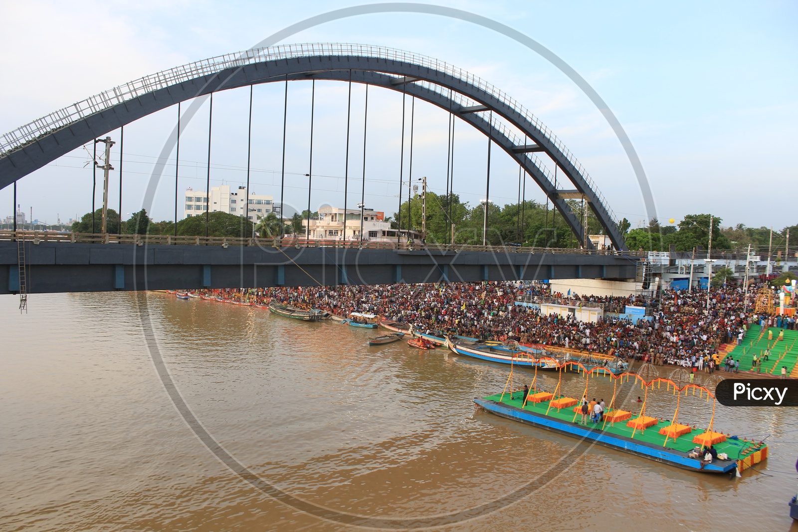 An Aerial View Of piligrims Watching the Holy Harathi / Aarti of Godavari River in Rajahmundry
