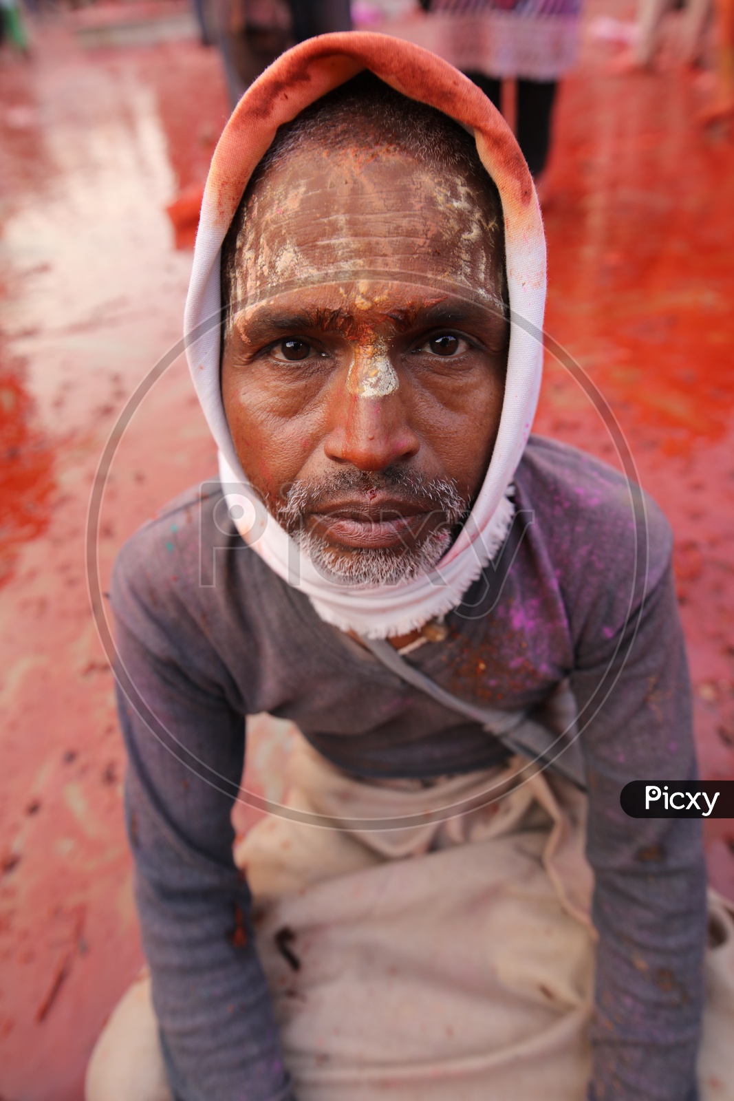 Man with Colors on his face - Holi Celebrations - Indian Festival - Colors/Colorful at Nandagaon
