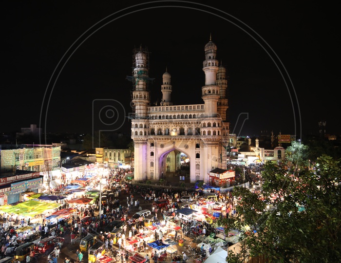 Traffic on the streets near Charminar/Indian Monument