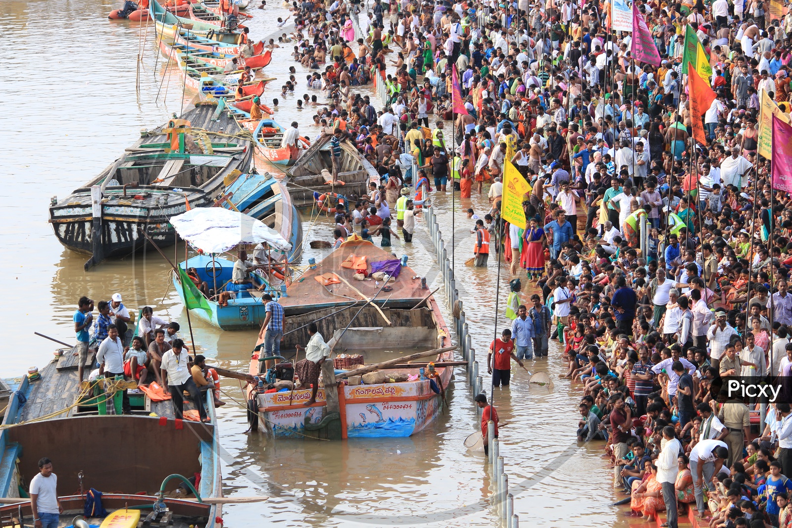 Aerial View Of Pilgrims Taking Holy Bath In Godavari River In Rajahmundry