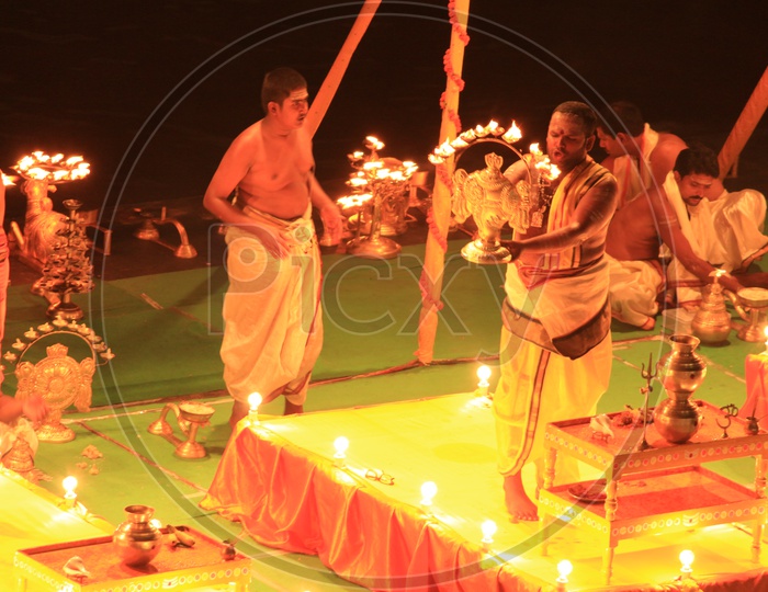 Priests Performing Holy Harathi / Aarti For River Godavari in Rajamundry