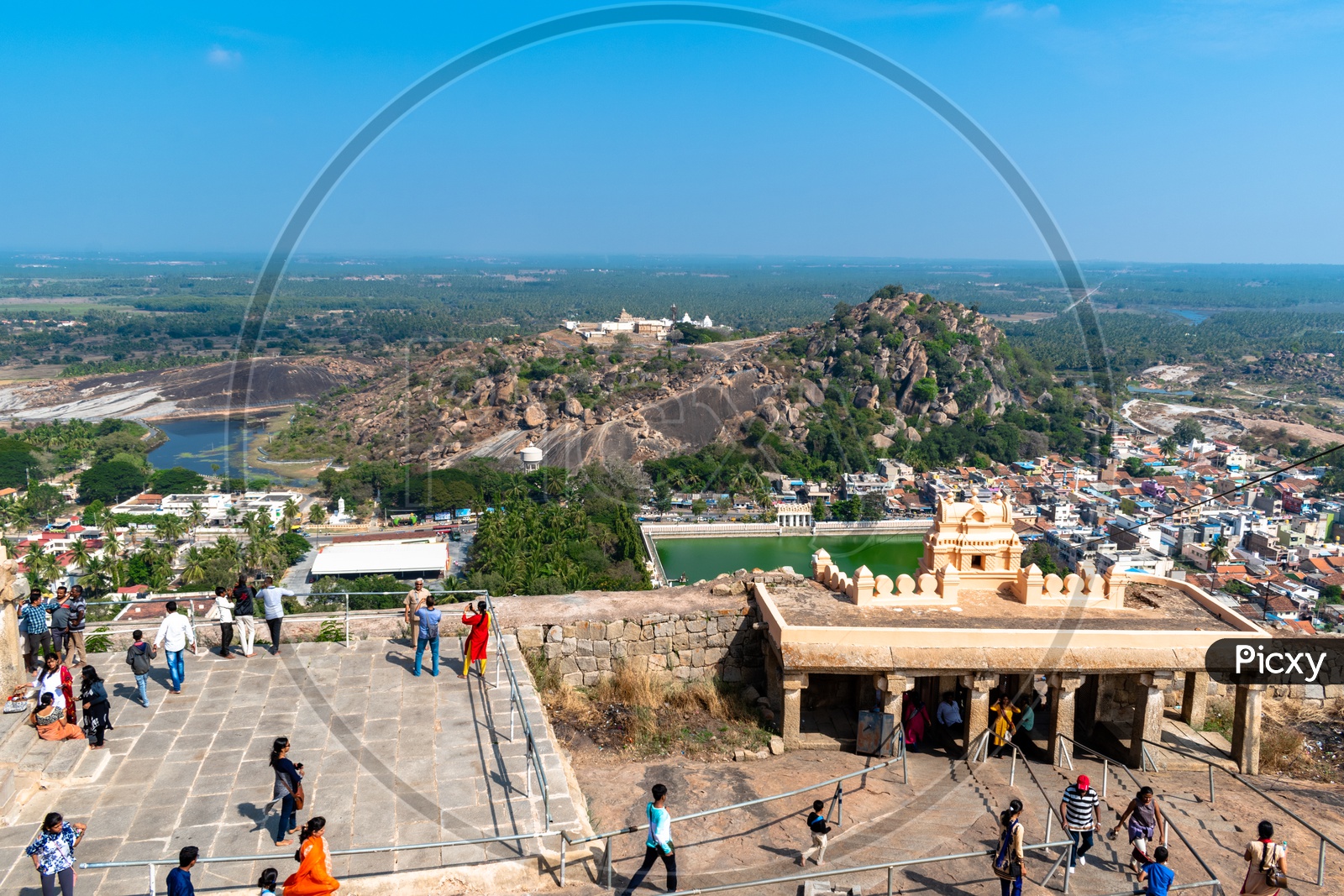 View of Bhagwan Suparshwanath Digambar Jain Mandir & kalyani from Bhagawan Bahubali Statue, Shravanabelagola, Karnataka, India