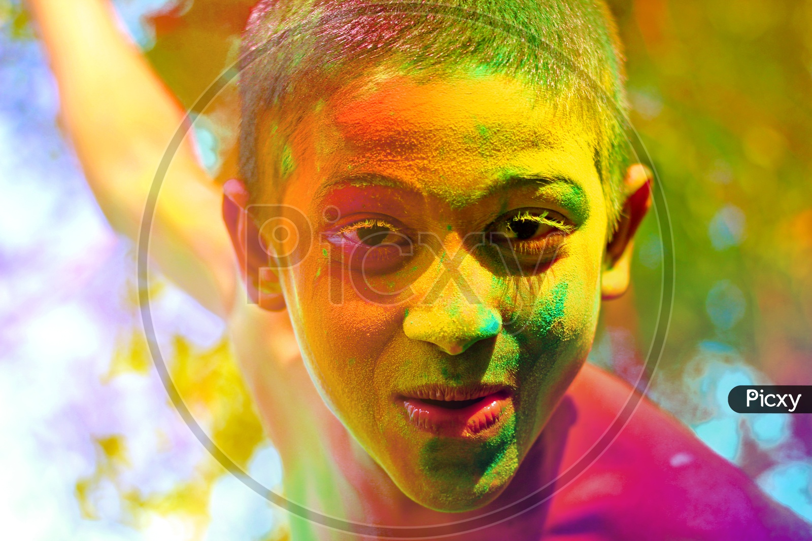 Boy with Holi colours/colors on face close up