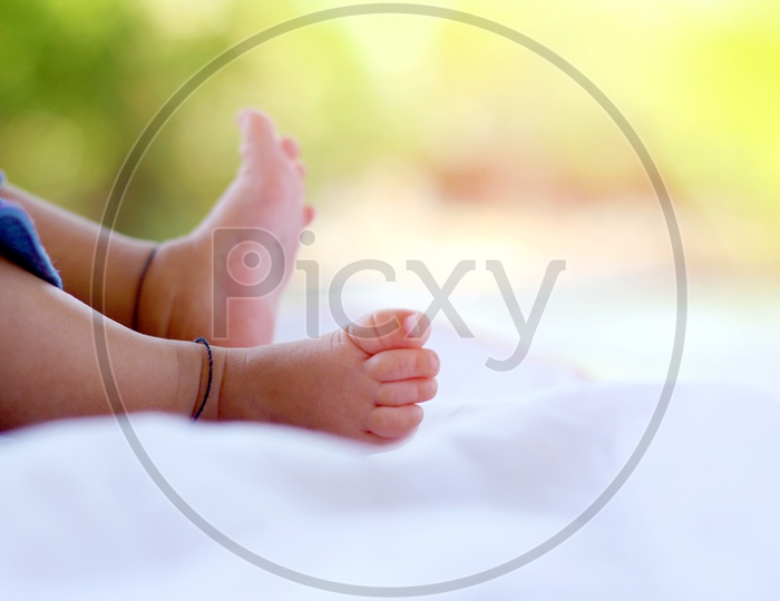 Close-up of Baby Feet/Tiny Newborn Baby's feet on White Blanket