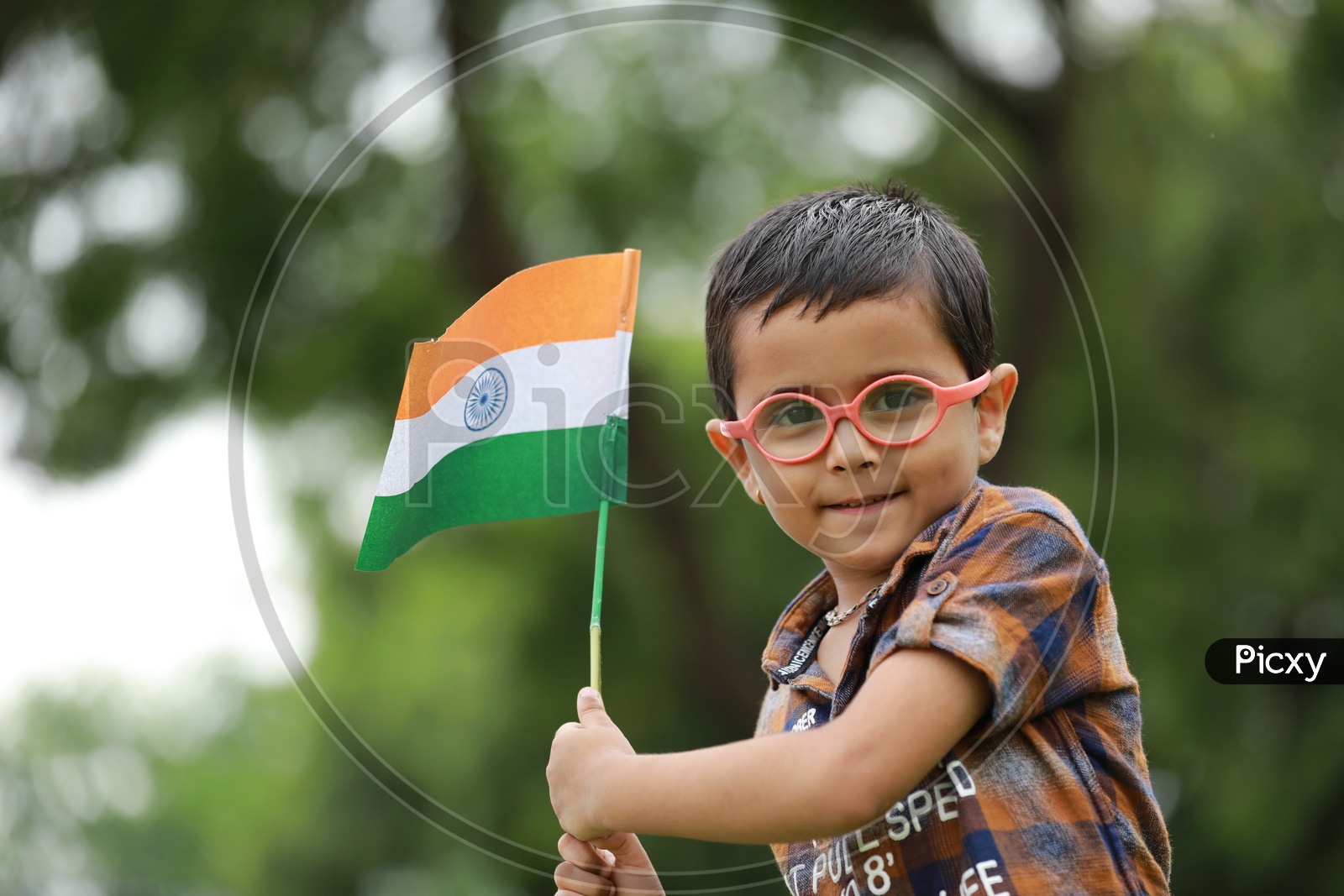 cute little kid having indian flag in hands