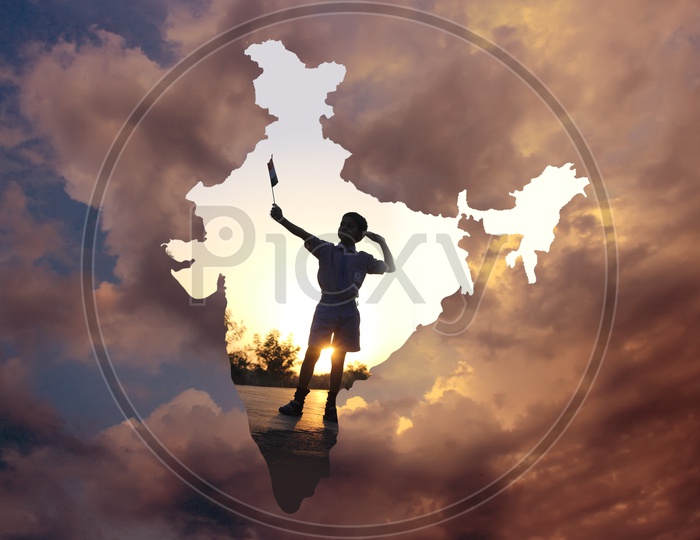 Creative India map with sky background and a school boy saluting the flag