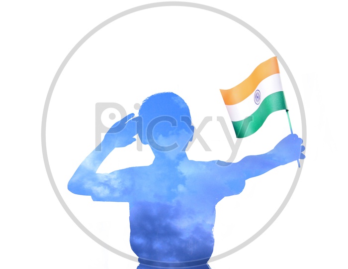 School kid saluting Indian national flag with white background