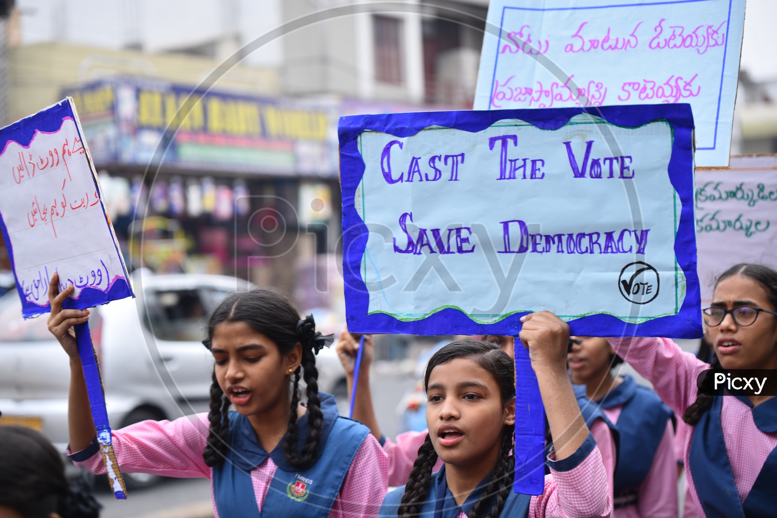 Students of Telangana Residential Minority Schools bring awareness among the voters to utilize their Right to Vote by doing a Rally on Road.