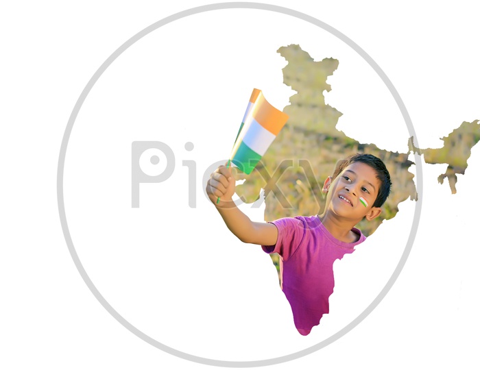 Creative India map with white background and a boy smiling