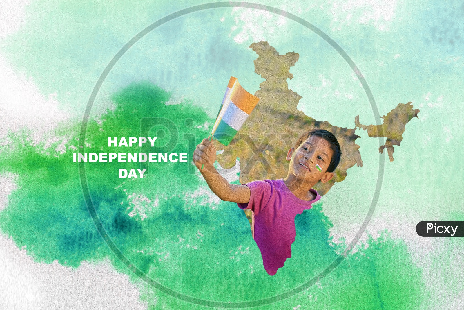Creative India map with a boy smiling looking at the flag