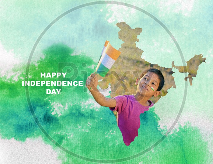 Creative India map with a boy smiling looking at the flag