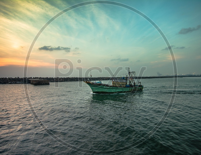 Indian Steamer Boat in Sea in a Blue hour shot with Blue sky in Background