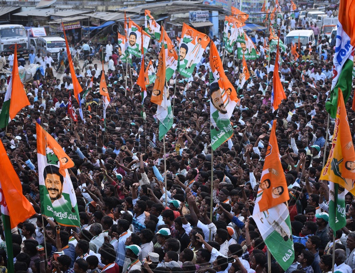 Crowd and Party Flags In Road Show By Revanth Reddy in Kosgi