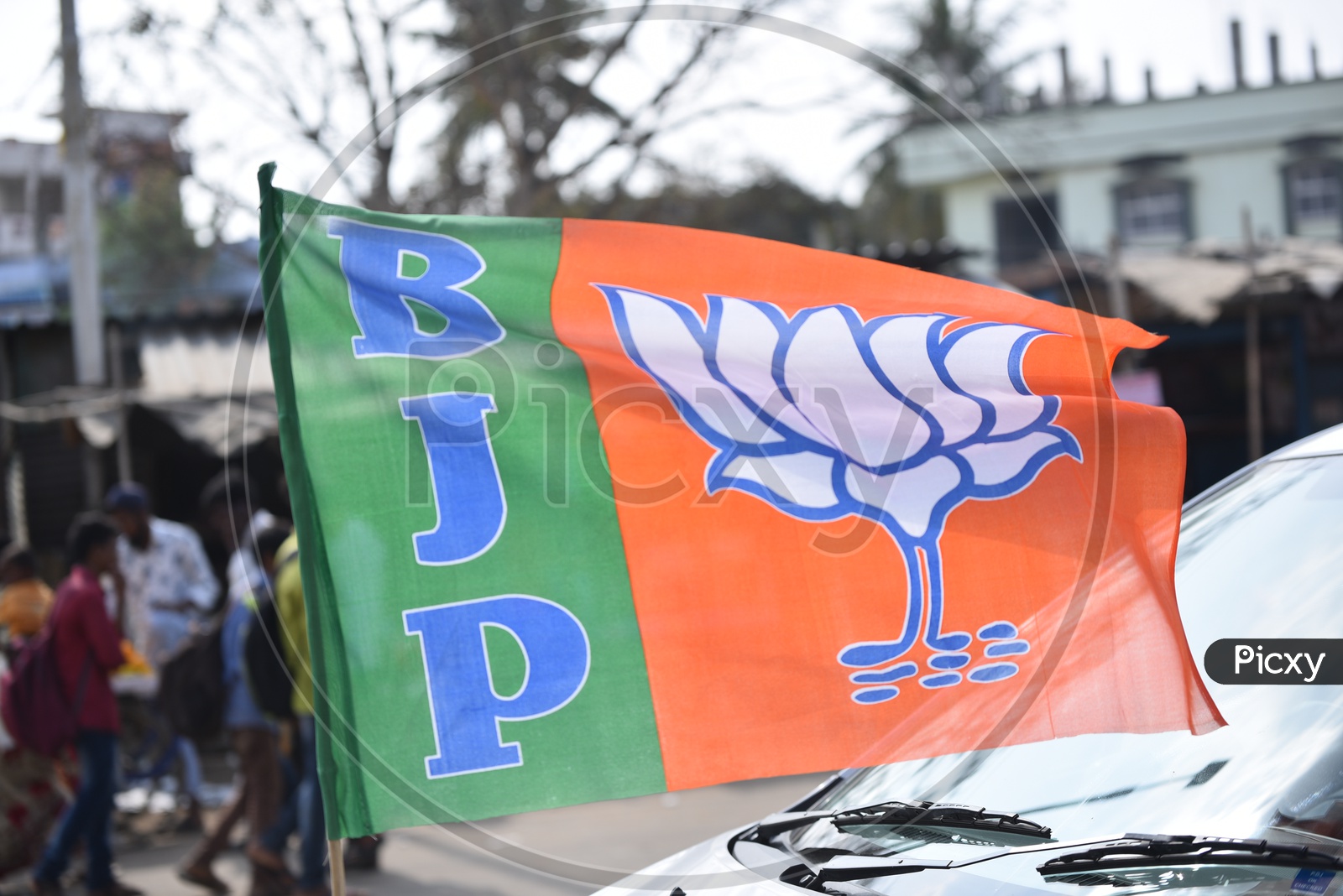Image of BJP Party Flag Mounted On a Car-TS172089-Picxy