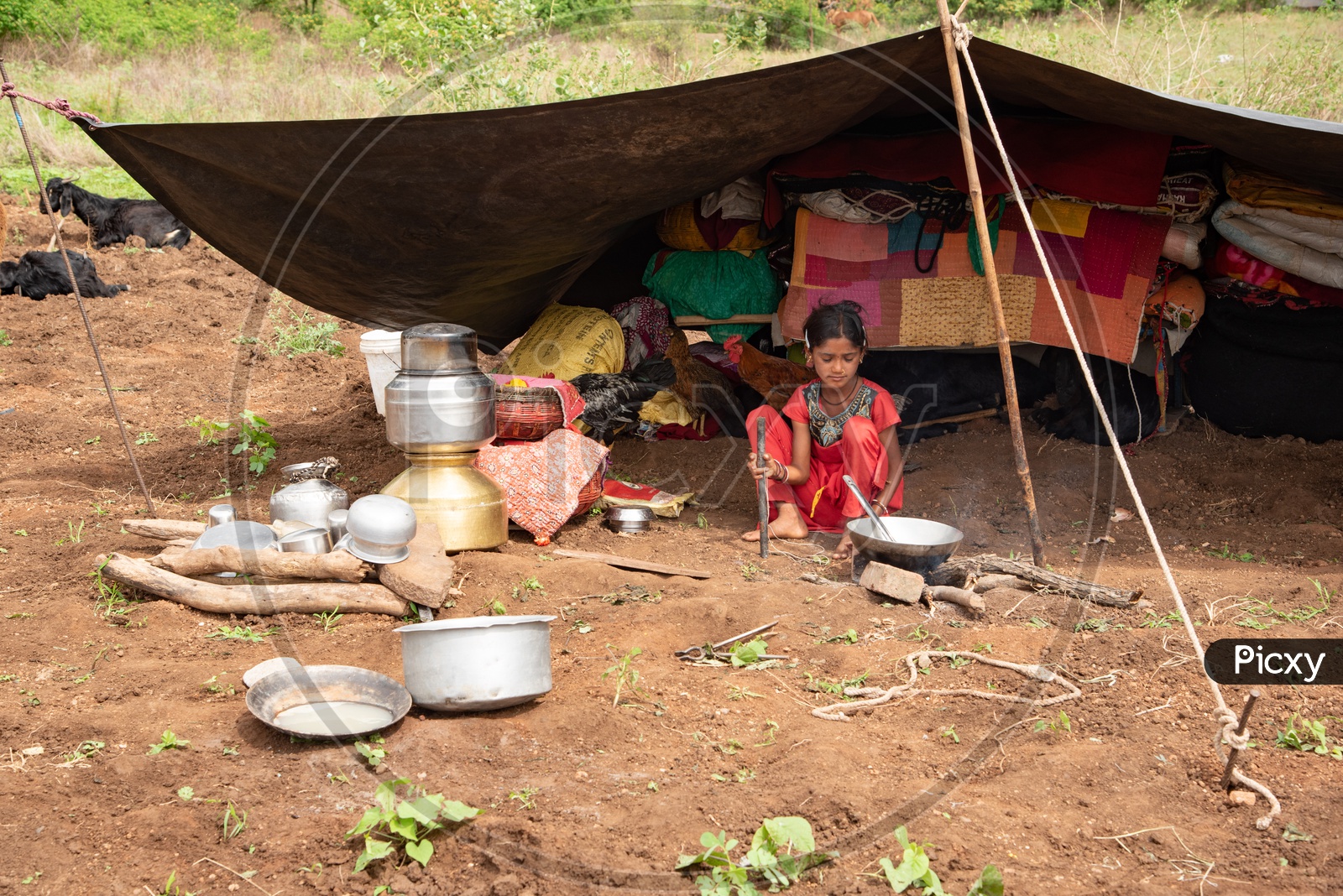 A little girls cooks meal for their family of shepherds in Maharashtra