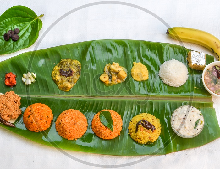 South Indian Meal Platter Served on Banana Leaf