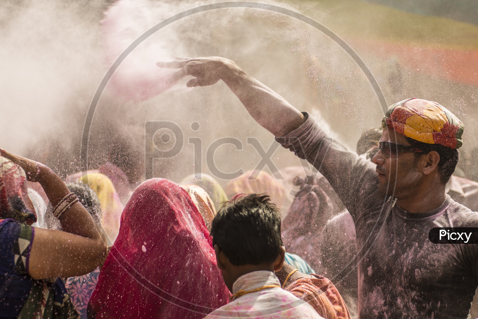 People celebrating Holi Festival in Barsana, Mathura