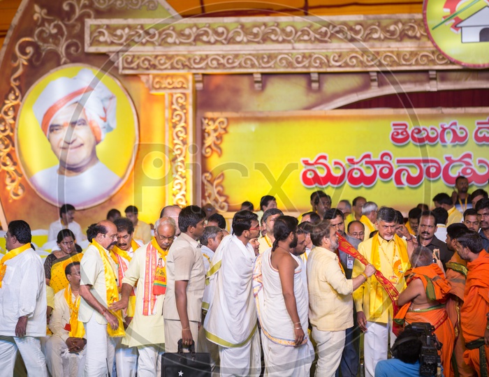 Sri Nara Chandra Babu Naidu, Chief Minister of Andhra Pradesh getting blessing from variuos religious heads at  Mahanadu 2018.