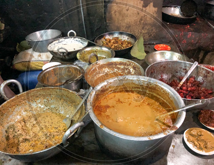 Kitchen of Girija Restaurant with delicacies ready to be served.