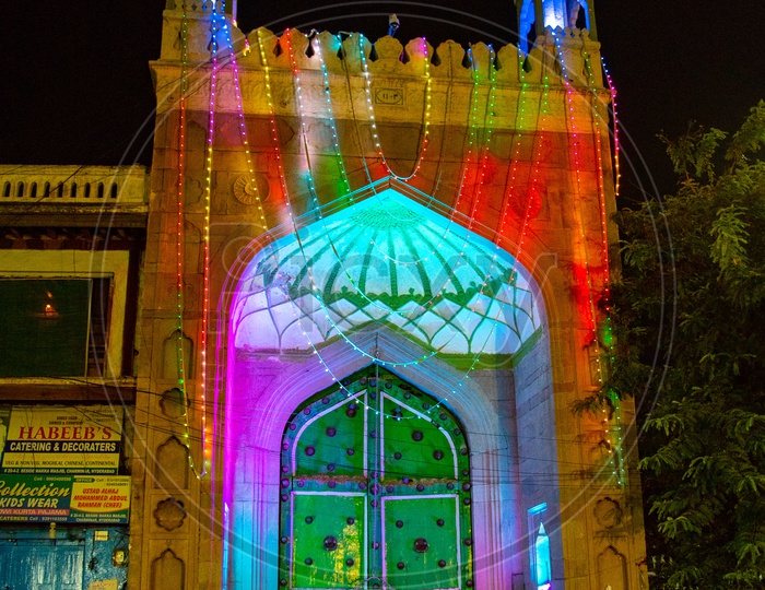 The entrance of Mecca Masjid Illuminated for Ramadan