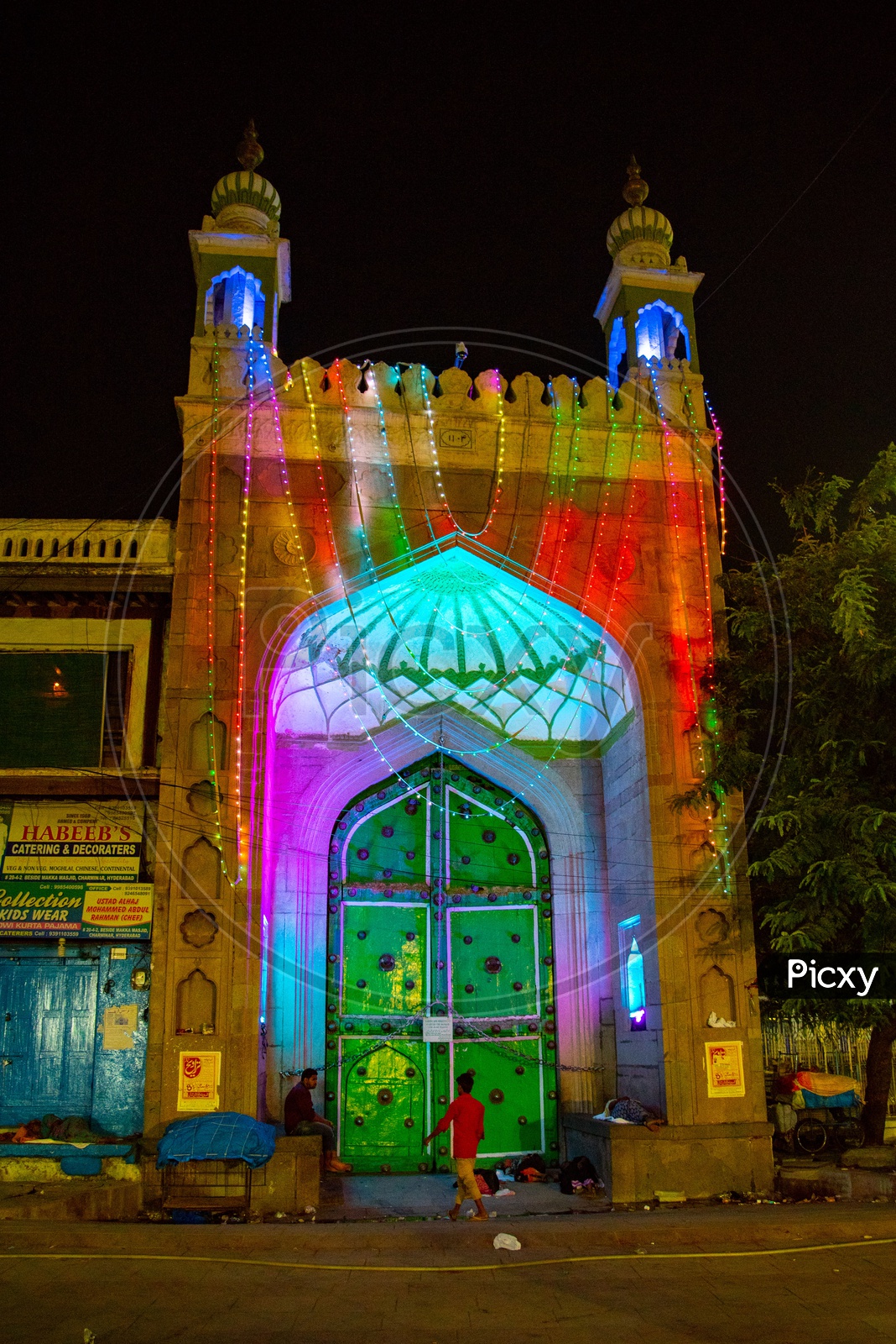 The entrance of Mecca Masjid Illuminated for Ramadan